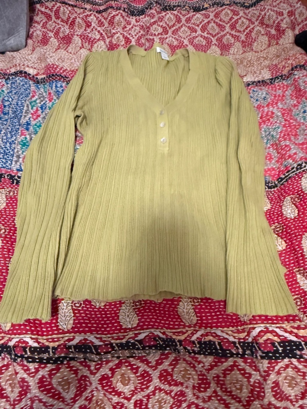 Sundance Light Green Ribbed Henley V-Neck Top